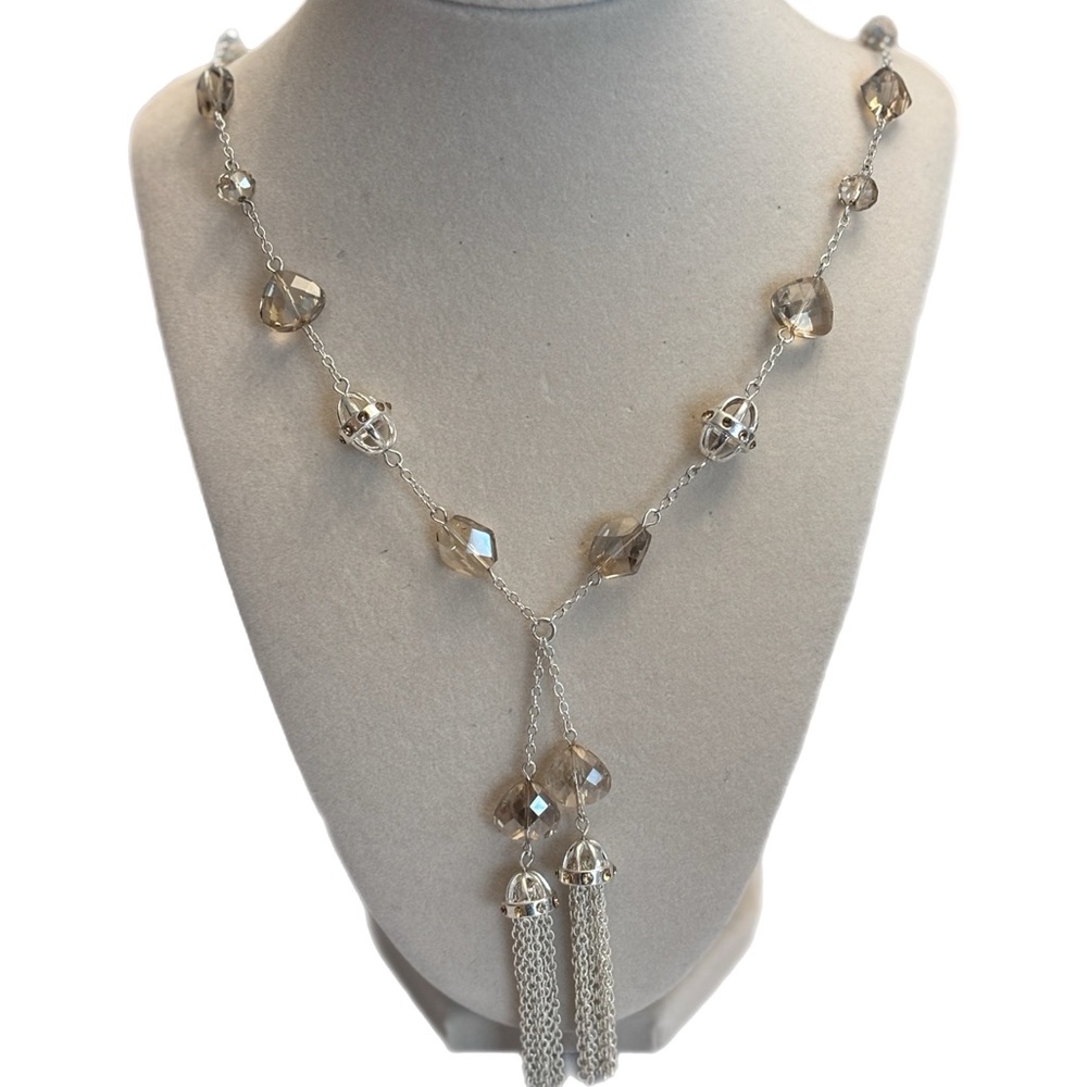 Silver and Glass Tassel Necklace with Rhinestone Bracelet and Earrings Bundle - Picture 3 of 9